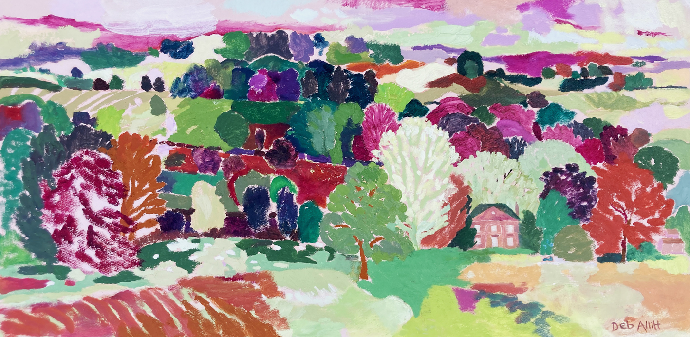 Kedleston Village and Trees in Reds and Greens. Oil on canvas. 40 x 80 cm